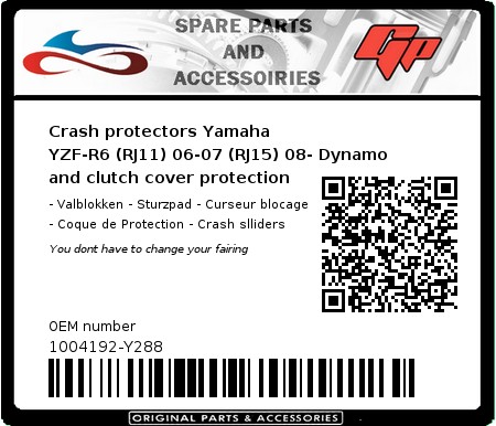 Product image: GSG-Mototechnik - 1004192-Y288 - Crash protectors Yamaha YZF-R6 (RJ11) 06-07 (RJ15) 08- Dynamo and clutch cover protection  0