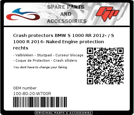 Product image: GSG-Mototechnik - 100-80-20-W700R - Crash protectors BMW S 1000 RR 2012- / S 1000 R 2014- Naked Engine protection rechts  0