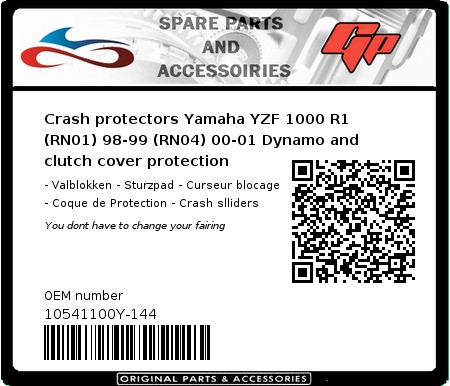 Product image: GSG-Mototechnik - 10541100Y-144 - Crash protectors Yamaha YZF 1000 R1 (RN01) 98-99 (RN04) 00-01 Dynamo and clutch cover protection  0