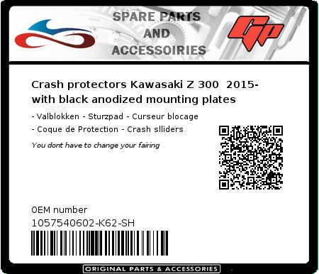 Product image: GSG-Mototechnik - 1057540602-K62-SH - Crash protectors Kawasaki Z 300  2015-  with black anodized mounting plates  0