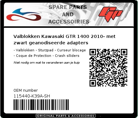 Product image: GSG-Mototechnik - 115440-K39A-SH - Crash protectors Kawasaki GTR 1400 2010- with black anodized mounting plates  0