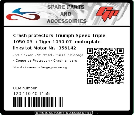 Product image: GSG-Mototechnik - 120-110-40-T155 - Crash protectors Triumph Speed Triple 1050 05- / Tiger 1050 07- motorplate links tot Motor Nr.  356142  0