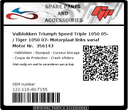 Product image: GSG-Mototechnik - 122-110-40-T155 - Crash protectors Triumph Speed Triple 1050 05- / Tiger 1050 07- motorplate links from Motor Nr.  356143  0