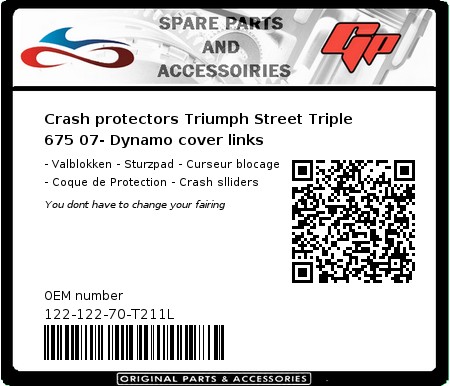 Product image: GSG-Mototechnik - 122-122-70-T211L - Crash protectors Triumph Street Triple 675 07- Dynamo cover links  0