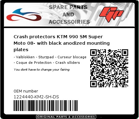 Product image: GSG-Mototechnik - 1224440-KM2-SH-DS - Crash protectors KTM 990 SM Super Moto 08- with black anodized mounting plates  0