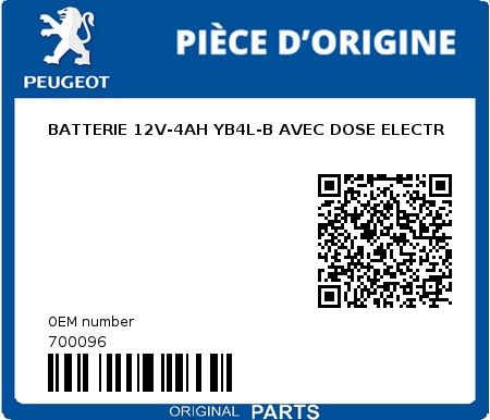 Product image: Peugeot - 700096 - BATTERIE 12V-4AH YB4L-B AVEC DOSE ELECTR  0