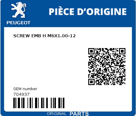 Product image: Peugeot - 704937 - SCREW EMB H M6X1.00-12  0