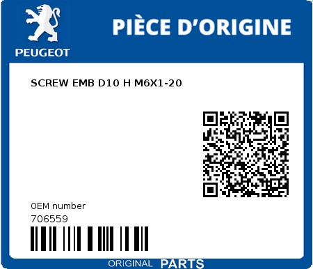 Product image: Peugeot - 706559 - SCREW EMB D10 H M6X1-20  0