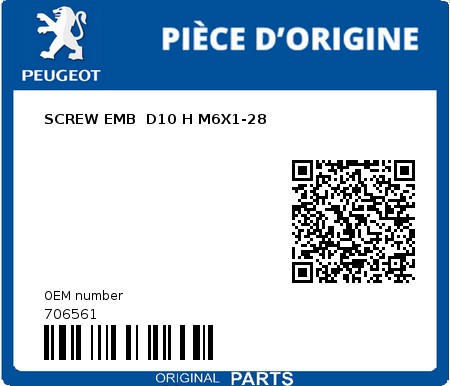 Product image: Peugeot - 706561 - SCREW EMB  D10 H M6X1-28  0