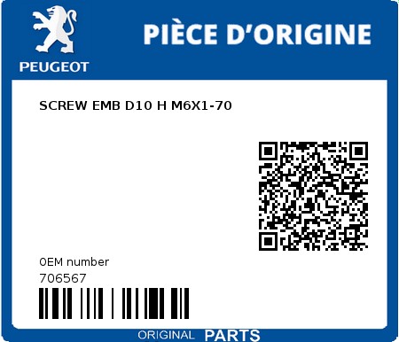 Product image: Peugeot - 706567 - SCREW EMB D10 H M6X1-70  0
