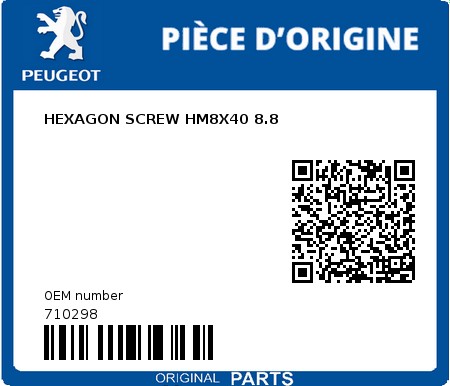 Product image: Peugeot - 710298 - HEXAGON SCREW HM8X40 8.8  0