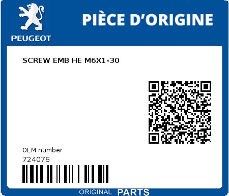 Product image: Peugeot - 724076 - SCREW EMB HE M6X1-30  0