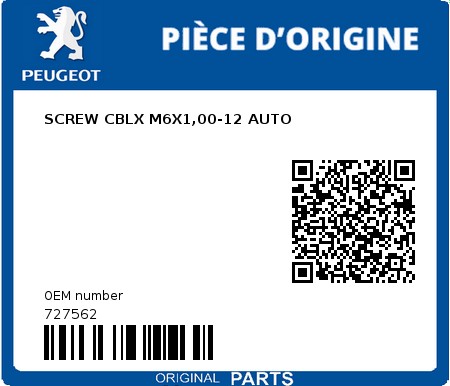 Product image: Peugeot - 727562 - SCREW CBLX M6X1,00-12 AUTO  0