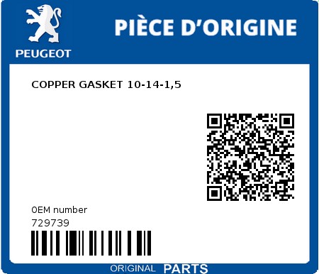 Product image: Peugeot - 729739 - COPPER GASKET 10-14-1,5  0