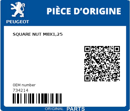 Product image: Peugeot - 734214 - SQUARE NUT M8X1,25  0
