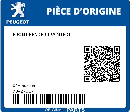 Product image: Peugeot - 734273C7 - FRONT FENDER (PAINTED)  0