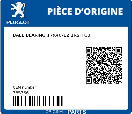 Product image: Peugeot - 735766 - BALL BEARING 17X40-12 2RSH C3  0