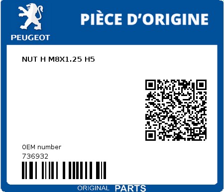 Product image: Peugeot - 736932 - NUT H M8X1.25 H5  0