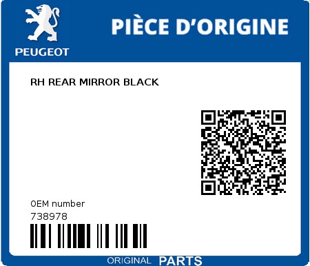 Product image: Peugeot - 738978 - RH REAR MIRROR BLACK  0
