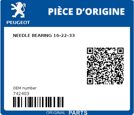 Product image: Peugeot - 742403 - NEEDLE BEARING 16-22-33  0