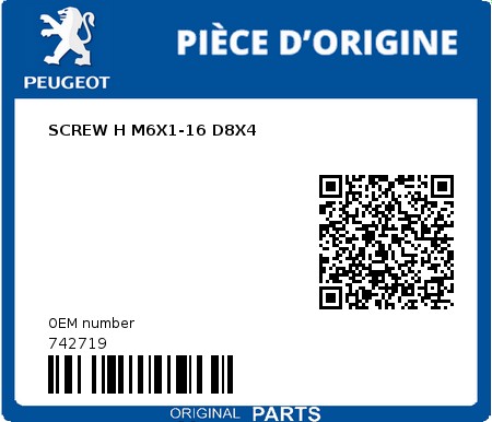 Product image: Peugeot - 742719 - SCREW H M6X1-16 D8X4  0