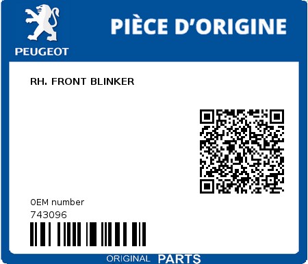 Product image: Peugeot - 743096 - RH. FRONT BLINKER  0