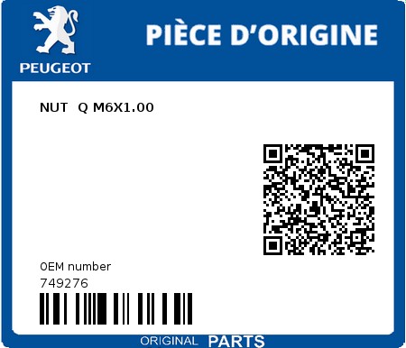 Product image: Peugeot - 749276 - NUT  Q M6X1.00  0