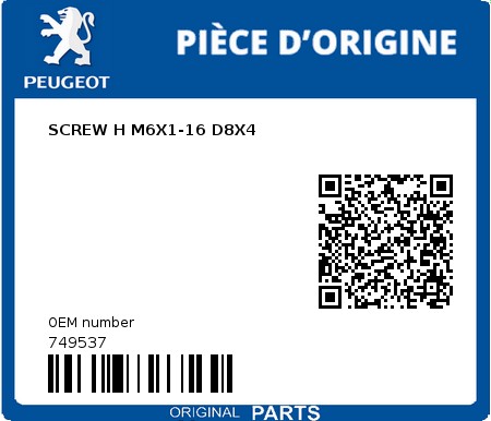 Product image: Peugeot - 749537 - SCREW H M6X1-16 D8X4  0