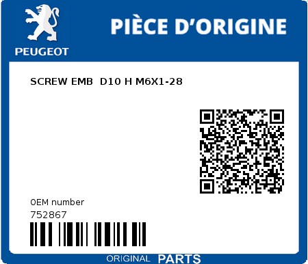 Product image: Peugeot - 752867 - SCREW EMB  D10 H M6X1-28  0