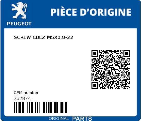 Product image: Peugeot - 752874 - SCREW CBLZ M5X0.8-22  0