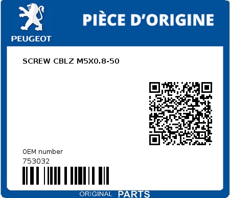 Product image: Peugeot - 753032 - SCREW CBLZ M5X0.8-50  0