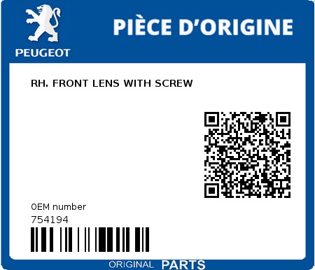 Product image: Peugeot - 754194 - RH. FRONT LENS WITH SCREW  0