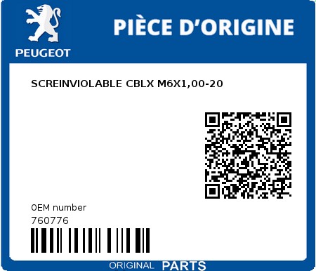 Product image: Peugeot - 760776 - SCREINVIOLABLE CBLX M6X1,00-20  0