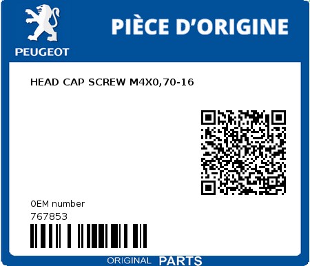 Product image: Peugeot - 767853 - HEAD CAP SCREW M4X0,70-16  0
