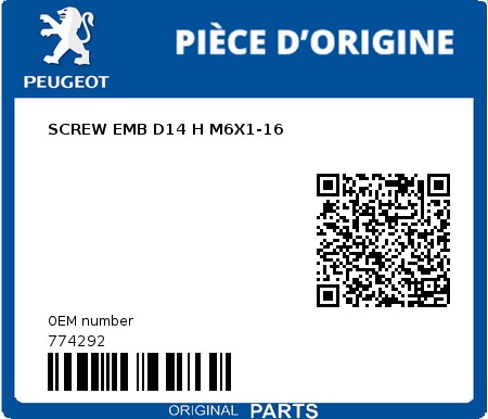Product image: Peugeot - 774292 - SCREW EMB D14 H M6X1-16  0