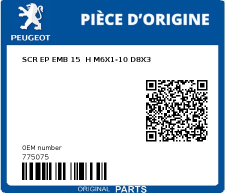 Product image: Peugeot - 775075 - SCR EP EMB 15  H M6X1-10 D8X3  0