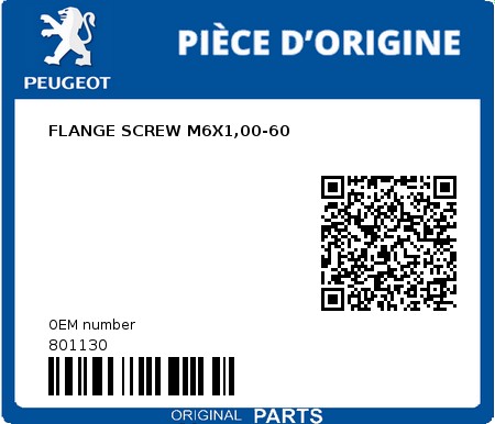 Product image: Peugeot - 801130 - FLANGE SCREW M6X1,00-60  0