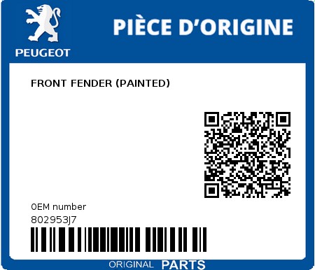 Product image: Peugeot - 802953J7 - FRONT FENDER (PAINTED)  0