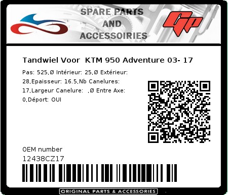 Product image: Esjot - 12438CZ17 - Tandwiel Voor  KTM 950 Adventure 03- 17  0