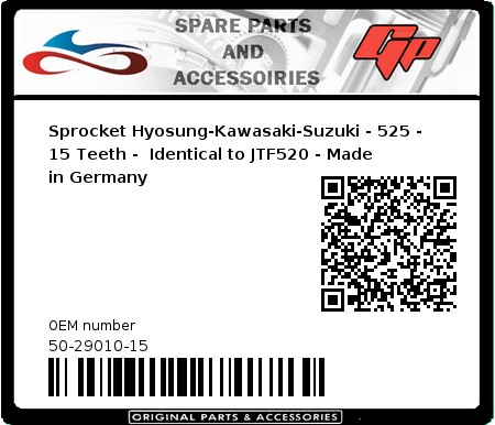 Product image: Esjot - 50-29010-15 - Sprocket Hyosung-Kawasaki-Suzuki - 525 - 15 Teeth -  Identical to JTF520 - Made in Germany 