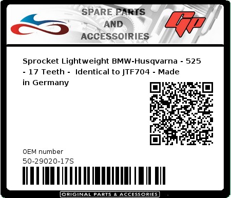 Product image: Esjot - 50-29020-17S - Sprocket Lightweight BMW-Husqvarna - 525 - 17 Teeth -  Identical to JTF704 - Made in Germany 