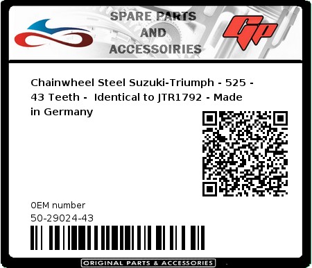 Product image: Esjot - 50-29024-43 - Chainwheel Steel Suzuki-Triumph - 525 - 43 Teeth -  Identical to JTR1792 - Made in Germany 