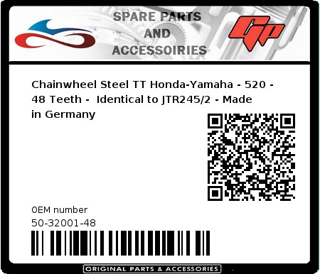 Product image: Esjot - 50-32001-48 - Chainwheel Steel TT Honda-Yamaha - 520 - 48 Teeth -  Identical to JTR245/2 - Made in Germany 