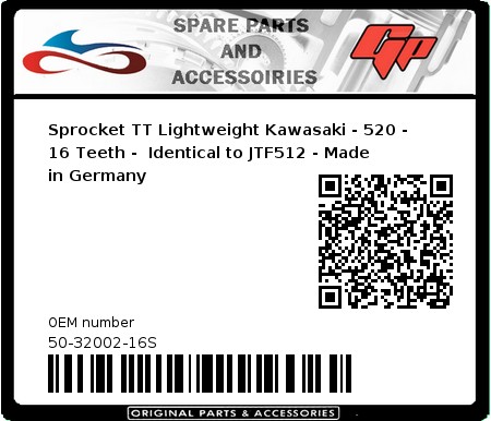 Product image: Esjot - 50-32002-16S - Sprocket TT Lightweight Kawasaki - 520 - 16 Teeth -  Identical to JTF512 - Made in Germany 