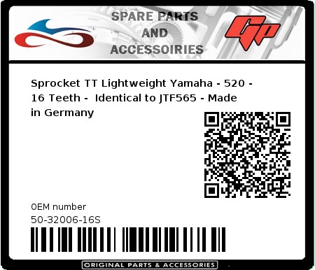 Product image: Esjot - 50-32006-16S - Sprocket TT Lightweight Yamaha - 520 - 16 Teeth -  Identical to JTF565 - Made in Germany 