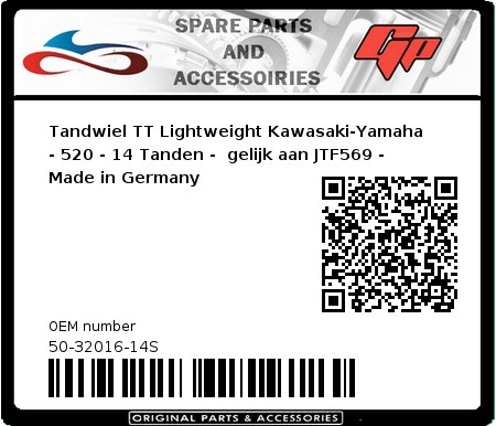 Product image: Esjot - 50-32016-14S - Sprocket TT Lightweight Kawasaki-Yamaha - 520 - 14 Teeth -  Identical to JTF569 - Made in Germany 