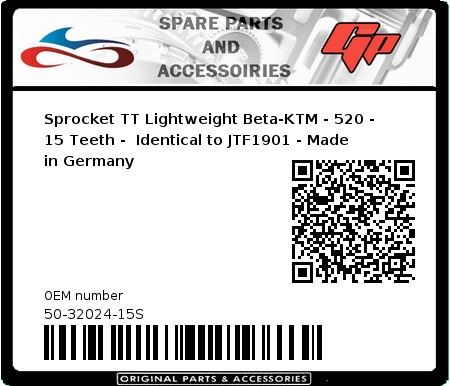 Product image: Esjot - 50-32024-15S - Sprocket TT Lightweight Beta-KTM - 520 - 15 Teeth -  Identical to JTF1901 - Made in Germany 