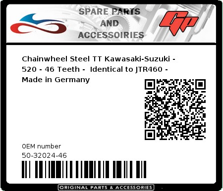 Product image: Esjot - 50-32024-46 - Chainwheel Steel TT Kawasaki-Suzuki - 520 - 46 Teeth -  Identical to JTR460 - Made in Germany 