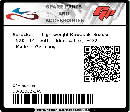Product image: Esjot - 50-32032-14S - Sprocket TT Lightweight Kawasaki-Suzuki - 520 - 14 Teeth -  Identical to JTF432 - Made in Germany 