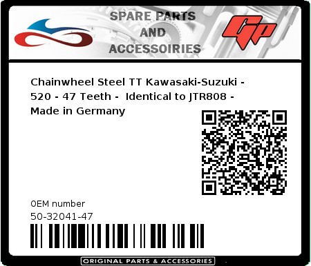 Product image: Esjot - 50-32041-47 - Chainwheel Steel TT Kawasaki-Suzuki - 520 - 47 Teeth -  Identical to JTR808 - Made in Germany 